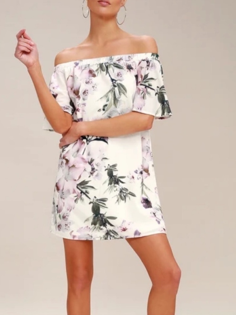 Lulus off the shoulder floral print mini shift dress